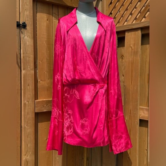 🆕 RAT & BOA 🧿 NWOT Paloma Pink Floral Satin Long Sleeve Mini Dress Sz XXL US12 - Picture 10 of 15